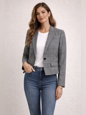 Calvin Klein Cropped Blazer Gray Plaid Glen Check Tailored Jacket 10